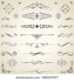 Conjunto vectorial de elementos caligráficos vintage ornamentados, divisores y decoraciones de páginas.