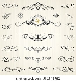 Vector set of ornate calligraphic vintage elements, dividers and page decorations.