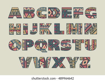 Vector set of ornate capital letters with abstract ethnic African patterns. Fancy alphabet in tribal culture style. Colorful beautiful font