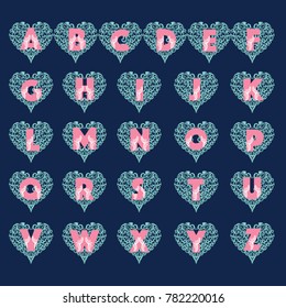 Vector set of ornate capital letters the alphabet with hearts on abstract ethnic, pattern. Vector alphabet in tribal culture style creative design letters in hearts.