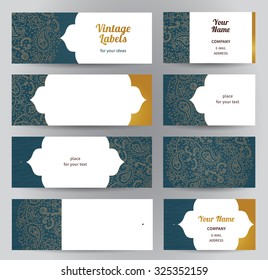 Vector set of ornate cards in oriental style. Golden Eastern floral decor. Template vintage frame for greeting card, business card. Labels and tags with place for text. Easy to use, layered.