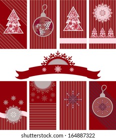 vector set with ornate Christmas trees and snowflakes in red and pink colors