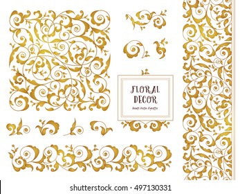 Vector set of ornate frames, borders, vignettes for design template. Elements in Eastern style. Golden floral ornaments. Luxury decor for invitations, greeting cards, thank you message.