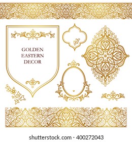 Vector set of ornate frames, seamless borders for design template. Eastern style element. Golden outline floral decor. Luxury illustration for invitations, cards, certificate, thank you message.