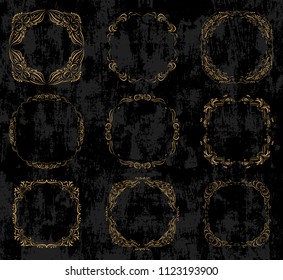 Vector set with ornate gold borders and frames in vintage calligraphic style on black chalkboard background