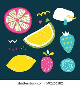 Vector set of ornate hand drawn summer fruits