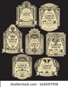 Vector set of ornate hand-drawn labels on the black background. Collection of vintage labels decorated by ribbons, crowns, angels, curls in figured frames with place for text and logo