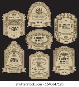 Vector set of ornate hand-drawn labels in figured frames on the black background. Collection of vintage labels decorated by ribbons, crowns, fruits, curls with place for text and logo