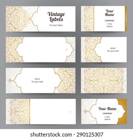 Vector set of ornate horizontal cards in oriental style. Line art Eastern floral decor. Template vintage frame for greeting card, business card. Labels and tags with place for text.