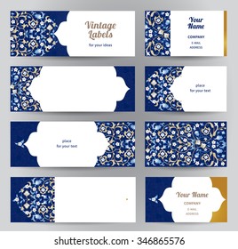 Vector set of ornate horizontal cards in oriental style. Bright Eastern floral decor. Template vintage frame for greeting card, business card. Labels and tags with place for text.