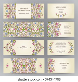 Vector set of ornate horizontal cards in oriental style. Bright Eastern floral decor. Template vintage frame for greeting card, business card. Labels and tags with place for text.
