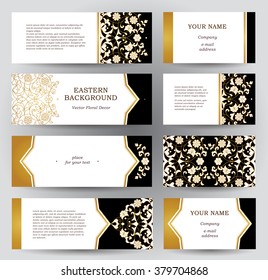 Vector set of ornate horizontal cards in oriental style. Golden floral decor. Template vintage Eastern frame for greeting card, business card. Labels and tags with place for text.