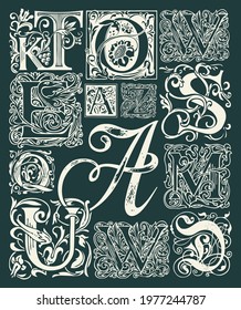 Vector set of ornate initial letters with vintage baroque ornamentation. Hand-drawn capital letters on a dark background. Beautiful uppercase letters to use for monogram, logo,emblem, card, invitation