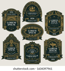 Vector set of ornate labels in black and gold colors in retro style. Collection of vintage labels decorated by ribbons, crowns, fruits, curls with place for text and logo in figured frames