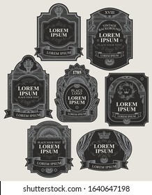 Vector set of ornate labels in black and silver colors in retro style. Vintage labels decorated by ribbons, crowns, curls in figured frames with place for text and logo