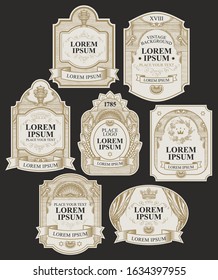 Vector set of ornate labels on the black background in vintage style. Collection of hand-drawn labels decorated by ribbons, crowns, curls in figured frames with place for text and logo