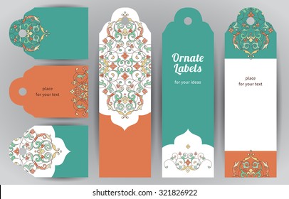 Vector set of ornate labels in oriental style. Bright Eastern floral decor. Template vintage frame for birthday and greeting card, wedding invitation, thank your message. Tags with place for text.