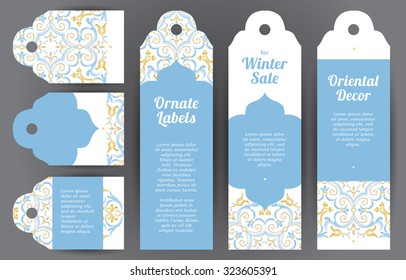 Vector set of ornate labels in oriental style. Pastel Eastern floral decor. Template vintage frame for card, invitation, thank your message, sti?ker, banner, sale element. Tags with place for text.