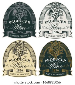 Conjunto vectorial de etiquetas ornamentales para vino en varios colores. Colección de elegantes etiquetas hechas a mano con un montón de uvas, una cinta y las inscripciones en un marco figurado en un estilo vintage