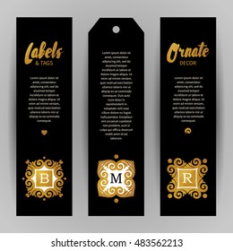 Vector set of ornate luxury vertical tags in oriental style. Eastern floral decor. Template vintage frame for greeting card, thank you message. Golden labels and bookmarks with place for text.