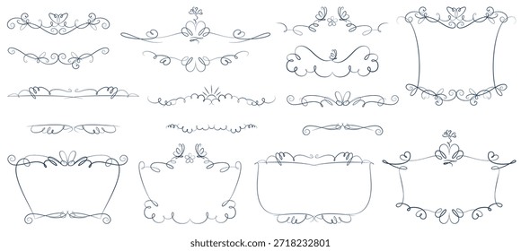 Vector set: ornate outline vignettes, frames, borders, page dividers, banners with decorative vintage elements, swirls, stylized butterflies, flowers, sun, clouds.