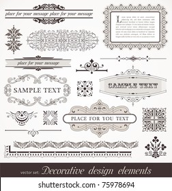 Vector set of ornate page decor elements: borders, banner, dividers, ornaments and patterns