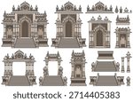 Vector set of ornate temple architecture elements with arches, pillars and stairs, crafted in traditional style for modular compositions and design projects. Hand drawn, not AI