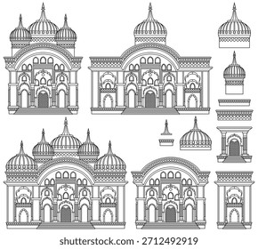 Conjunto vetorial de elementos ornamentados da arquitetura do templo com arcos, pilares e escadas, trabalhados em estilo tradicional em camadas para composições modulares e projetos de design. Desenhado à mão, não com IA