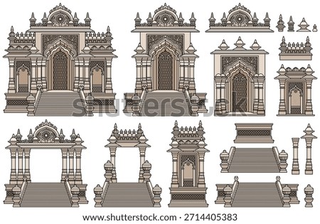 Vector set of ornate temple architecture elements with arches, pillars and stairs, crafted in traditional style for modular compositions and design projects. Hand drawn, not AI