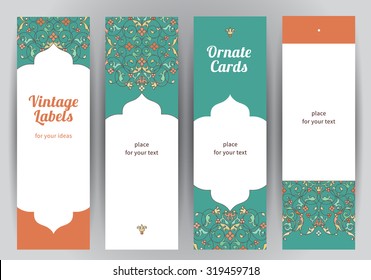 Vector set of ornate vertical cards in oriental style. Bright Eastern floral decor. Template vintage frame for greeting card, invitation, thank your message. Labels and tags with place for text.