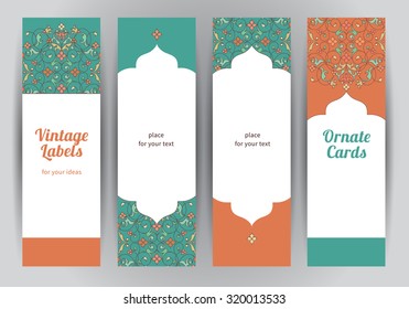 Vector set of ornate vertical cards in oriental style. Bright Eastern floral decor. Template vintage frame for greeting card and wedding invitation. Labels and tags with place for text.