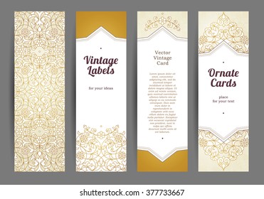 Vector set of ornate vertical cards in oriental style. Golden Eastern floral decor. Template vintage frame for greeting card, invitation, thank you message. Labels and tags with place for text.