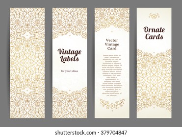 Vector set of ornate vertical cards in oriental style. Golden Eastern floral decor. Template vintage frame for greeting card, invitation, thank you message. Labels and tags with place for text.