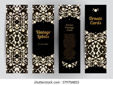 Vector set of ornate vertical cards in oriental style. Golden Eastern floral decor. Template vintage frame for greeting card, invitation, thank you message. Labels and tags with place for text.