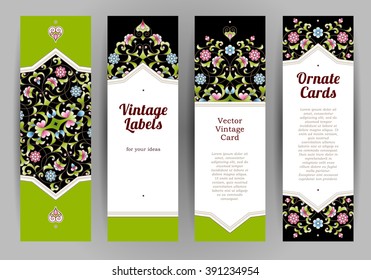 Vector set of ornate vertical cards in oriental style. Bright green Eastern floral decor. Template vintage frame for greeting card, invitation, thank you message. Labels and tags with place for text.