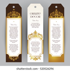 Vector set of ornate vertical cards in Victorian style. Eastern floral decor. Template vintage frame for card, invitation, thank you message, badge. Golden labels and tags with place for text.
