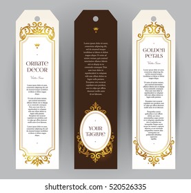 Vector set of ornate vertical cards in Victorian style. Eastern floral decor. Template vintage frame for card, invitation, thank you message, badge. Golden labels and tags with place for text.