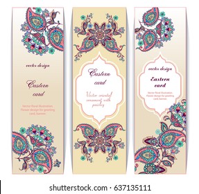 Vector set of ornate vertical cards in oriental style. Bright Eastern traditional decor with paisley. Template vintage frame for greeting card and wedding invitation. Place for your text