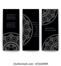 Vector set of ornate vertical template cards-banners in Eastern style. White Oriental floral decor on black / Mandala. Labels and tags with place for text