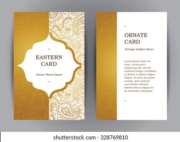 Vector set of ornate vertical vintage cards. Outline golden decor in Eastern style. Template frame for save the date and greeting card, wedding invitation, leaflet, poster. Ornamental border.