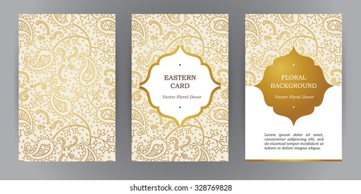 Vector set of ornate vertical vintage cards. Outline golden decor in Eastern style. Template frame for save the date and greeting card, wedding invitation, leaflet, poster. Ornamental border.