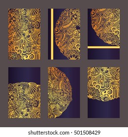 Vector set of ornate vertical vintage cards. Outline golden decor in Eastern style. Template frame for save the date and greeting card, wedding invitation, leaflet, poster. Ornamental border