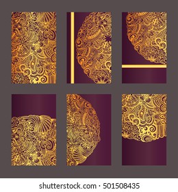Vector set of ornate vertical vintage cards. Outline golden decor in Eastern style. Template frame for save the date and greeting card, wedding invitation, leaflet, poster. Ornamental border