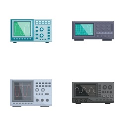 Vector set of oscilloscopes with electronic equipment for signal waveform measurement and analysis, isolated on white background
