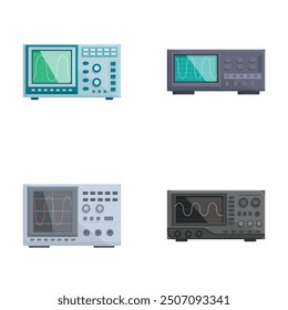 Vector set of oscilloscopes with electronic equipment for signal waveform measurement and analysis, isolated on white background