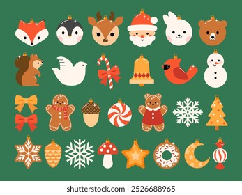 Vector set ot Christmas tree ornaments in cute cartoon flat style. Clip art of Christmas decoration in red, gold and white colors.