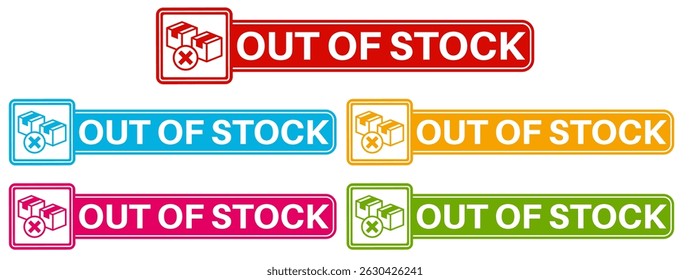 Conjunto de Vectores fuera de stock Icono signo. Símbolo agotado Etiquetas Sticker Ilustración de diseño de Plantilla