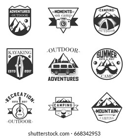 Vector set of outdoor activity, camping and expedition labels in vintage style. Design elements, icons, logo, emblems and badges isolated on white background. Camp outdoor adventure illustration.