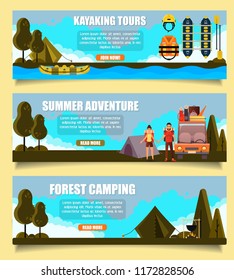 Vector set of outdoor adventure banners. Kayaking tours, Summer adventure and Forest camping web templates. Flat style design.