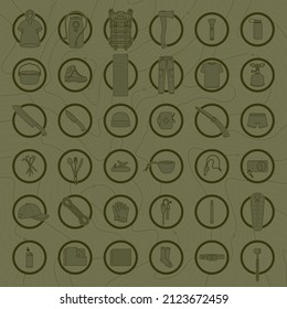 Vector set of outdoor equipment icons in circles. Green background.